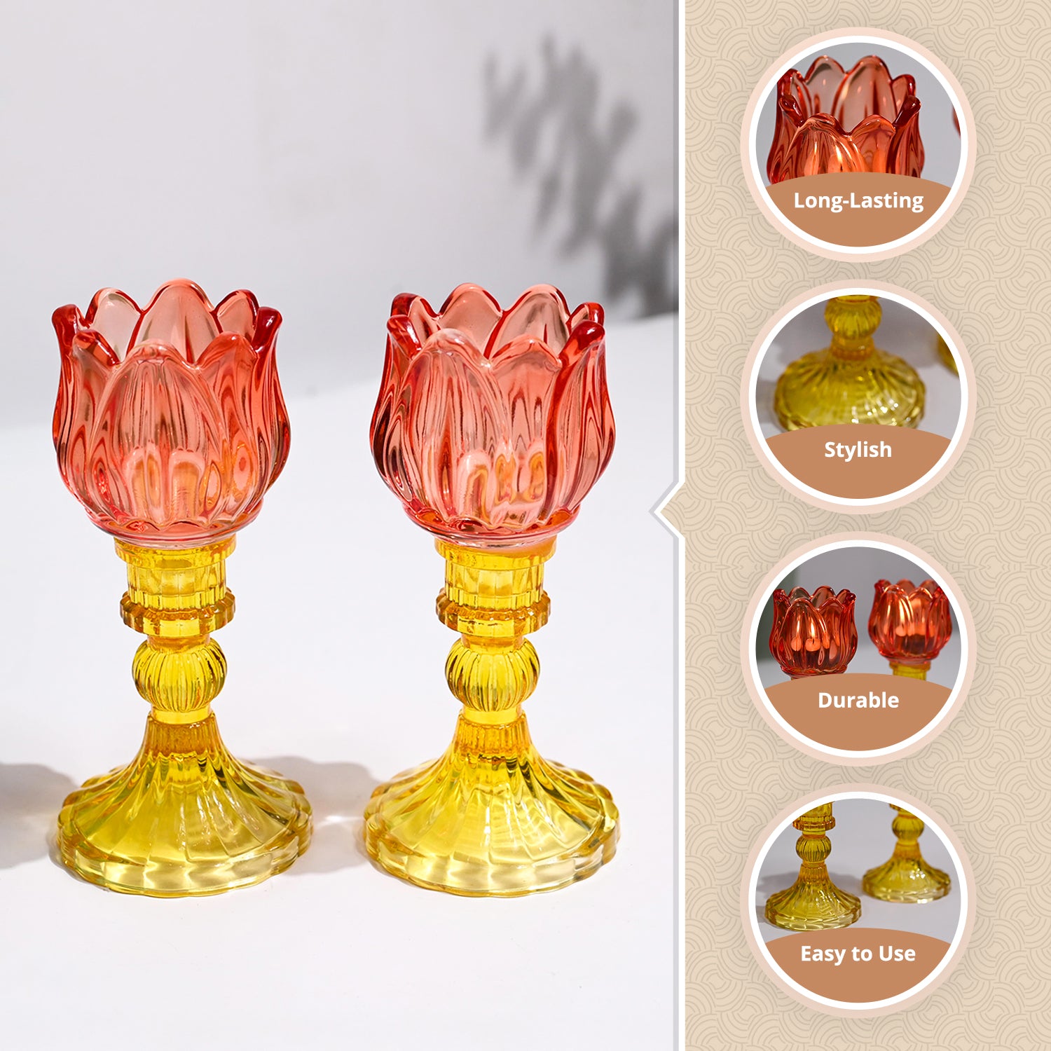 VON CASA Lotus Red & Yellow Glass T-Light Holder – Set of 2