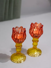 VON CASA Lotus Red & Yellow Glass T-Light Holder – Set of 2