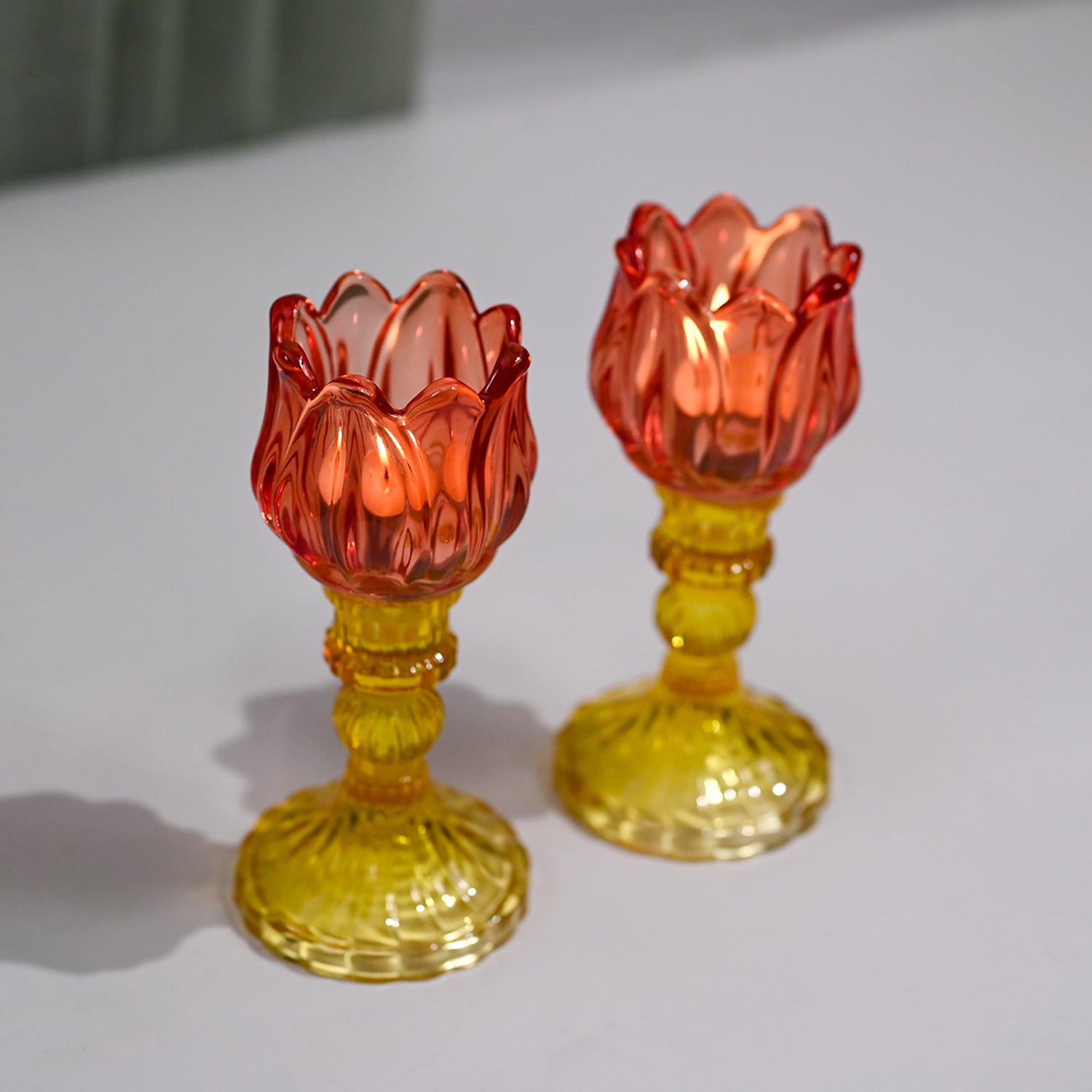 VON CASA Lotus Red & Yellow Glass T-Light Holder – Set of 2