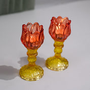 VON CASA Lotus Red & Yellow Glass T-Light Holder – Set of 2
