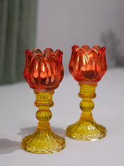 VON CASA Lotus Red & Yellow Glass T-Light Holder – Set of 2