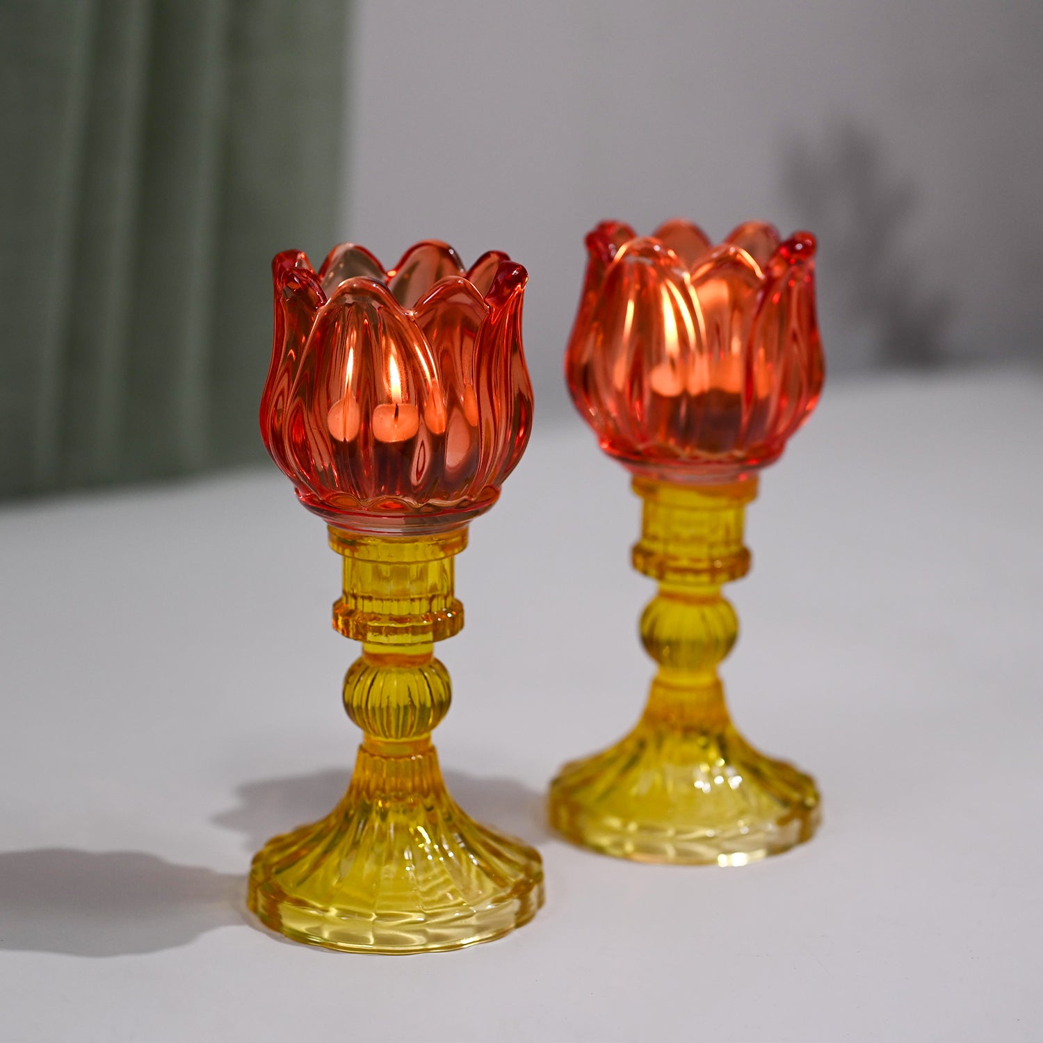 VON CASA Lotus Red & Yellow Glass T-Light Holder – Set of 2