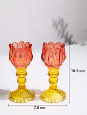 VON CASA Lotus Red & Yellow Glass T-Light Holder – Set of 2