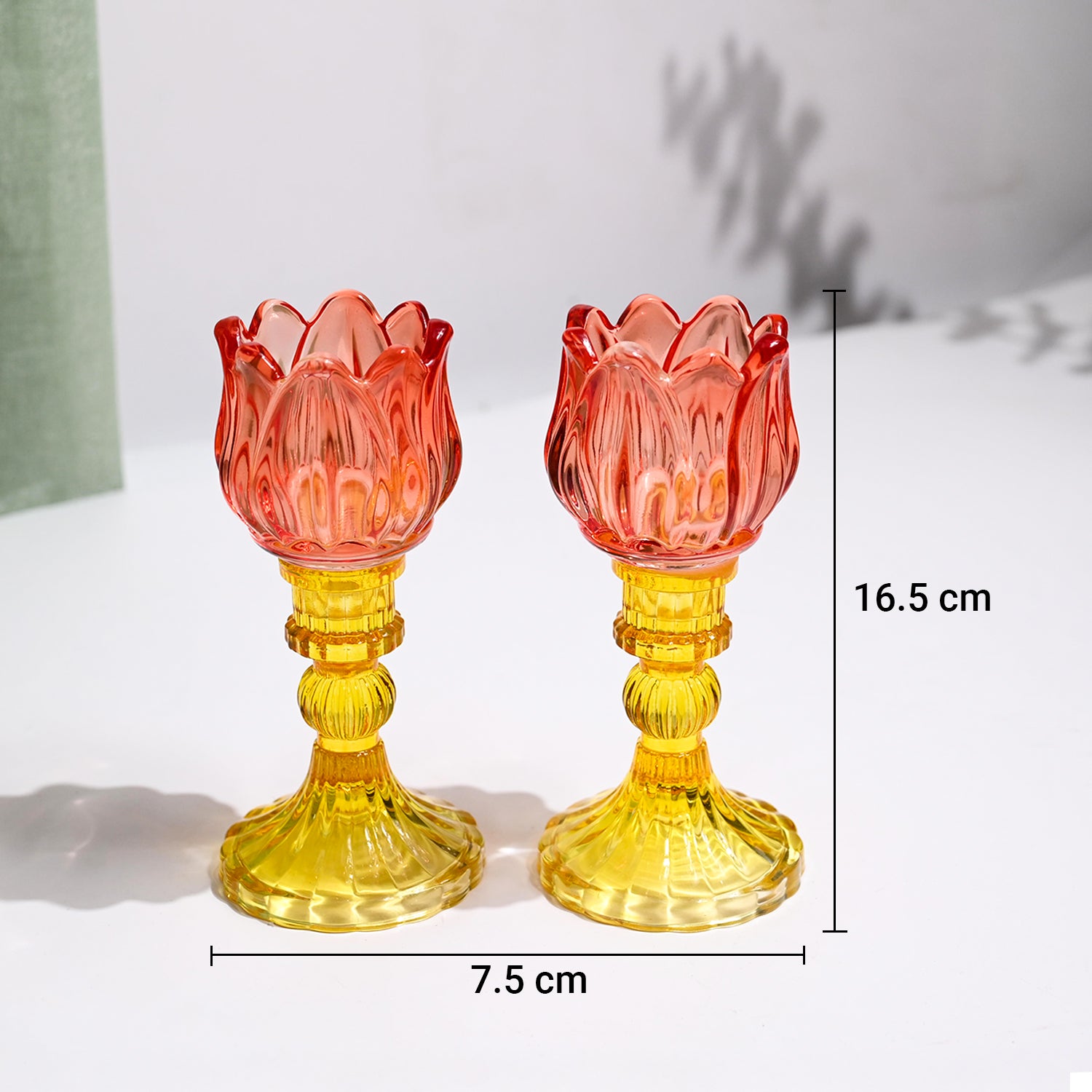 VON CASA Lotus Red & Yellow Glass T-Light Holder – Set of 2