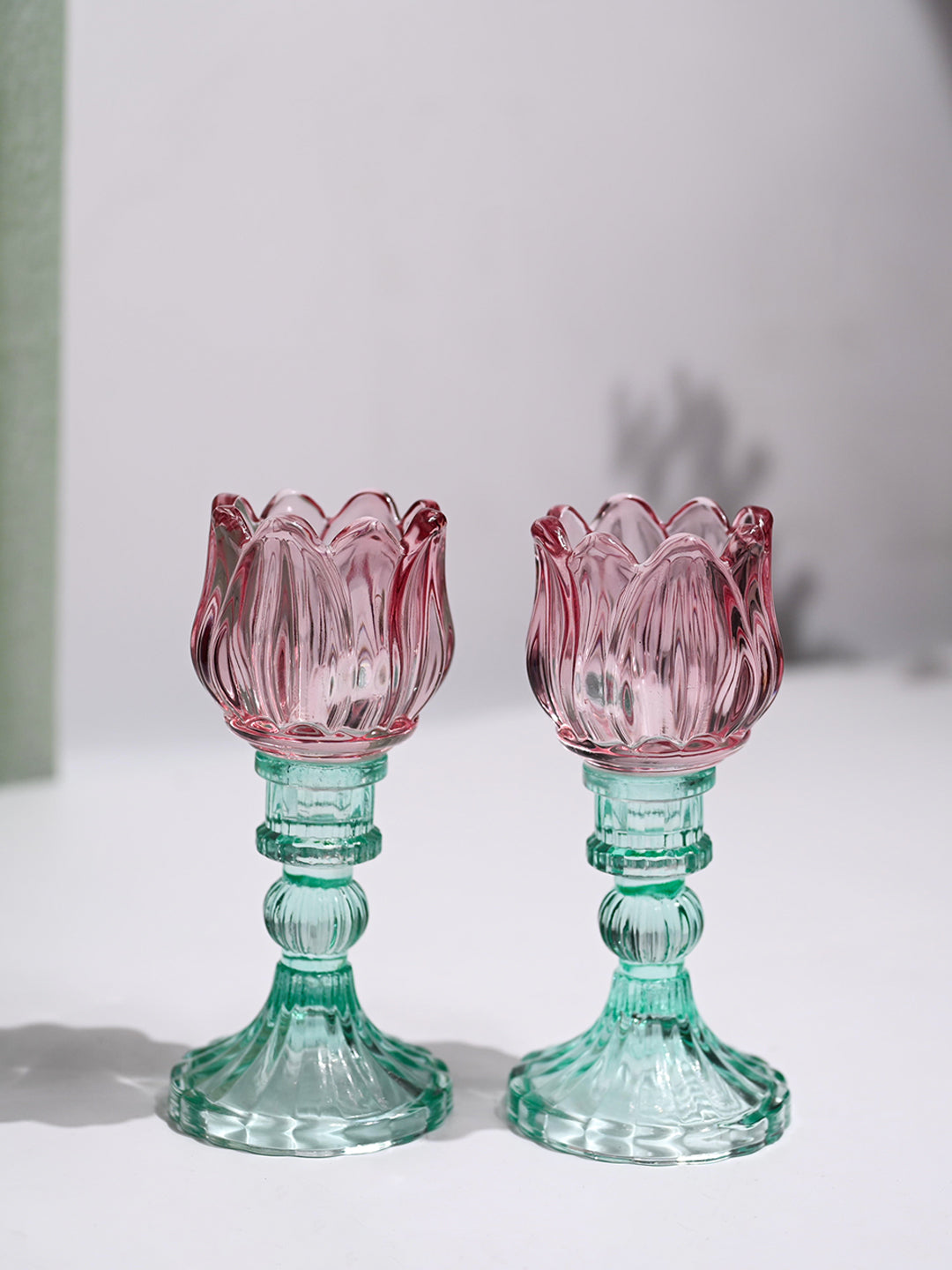 VON CASA Lotus Green & Pink Glass T-Light Holder – Set of 2