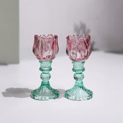 VON CASA Lotus Green & Pink Glass T-Light Holder – Set of 2