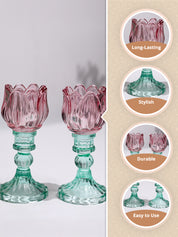 VON CASA Lotus Green & Pink Glass T-Light Holder – Set of 2