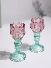 VON CASA Lotus Green & Pink Glass T-Light Holder – Set of 2