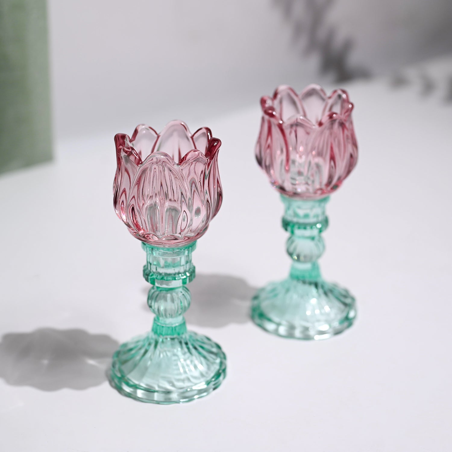 VON CASA Lotus Green & Pink Glass T-Light Holder – Set of 2