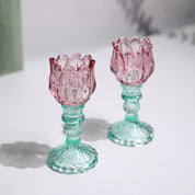 VON CASA Lotus Green & Pink Glass T-Light Holder – Set of 2