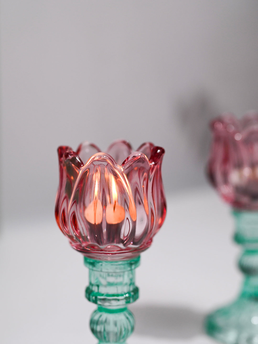 VON CASA Lotus Green & Pink Glass T-Light Holder – Set of 2