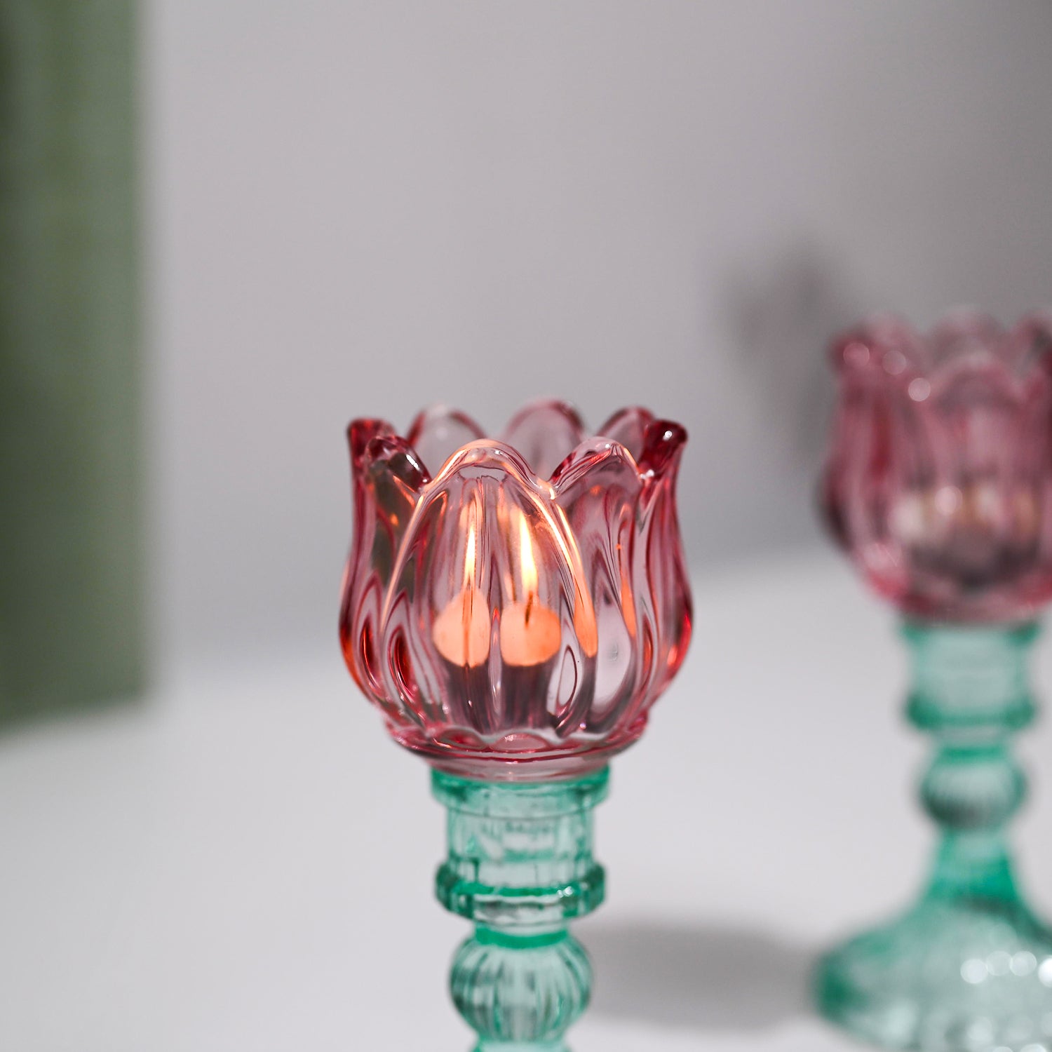 VON CASA Lotus Green & Pink Glass T-Light Holder – Set of 2