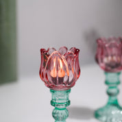 VON CASA Lotus Green & Pink Glass T-Light Holder – Set of 2