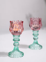 VON CASA Lotus Green & Pink Glass T-Light Holder – Set of 2