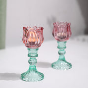 VON CASA Lotus Green & Pink Glass T-Light Holder – Set of 2