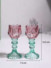 VON CASA Lotus Green & Pink Glass T-Light Holder – Set of 2