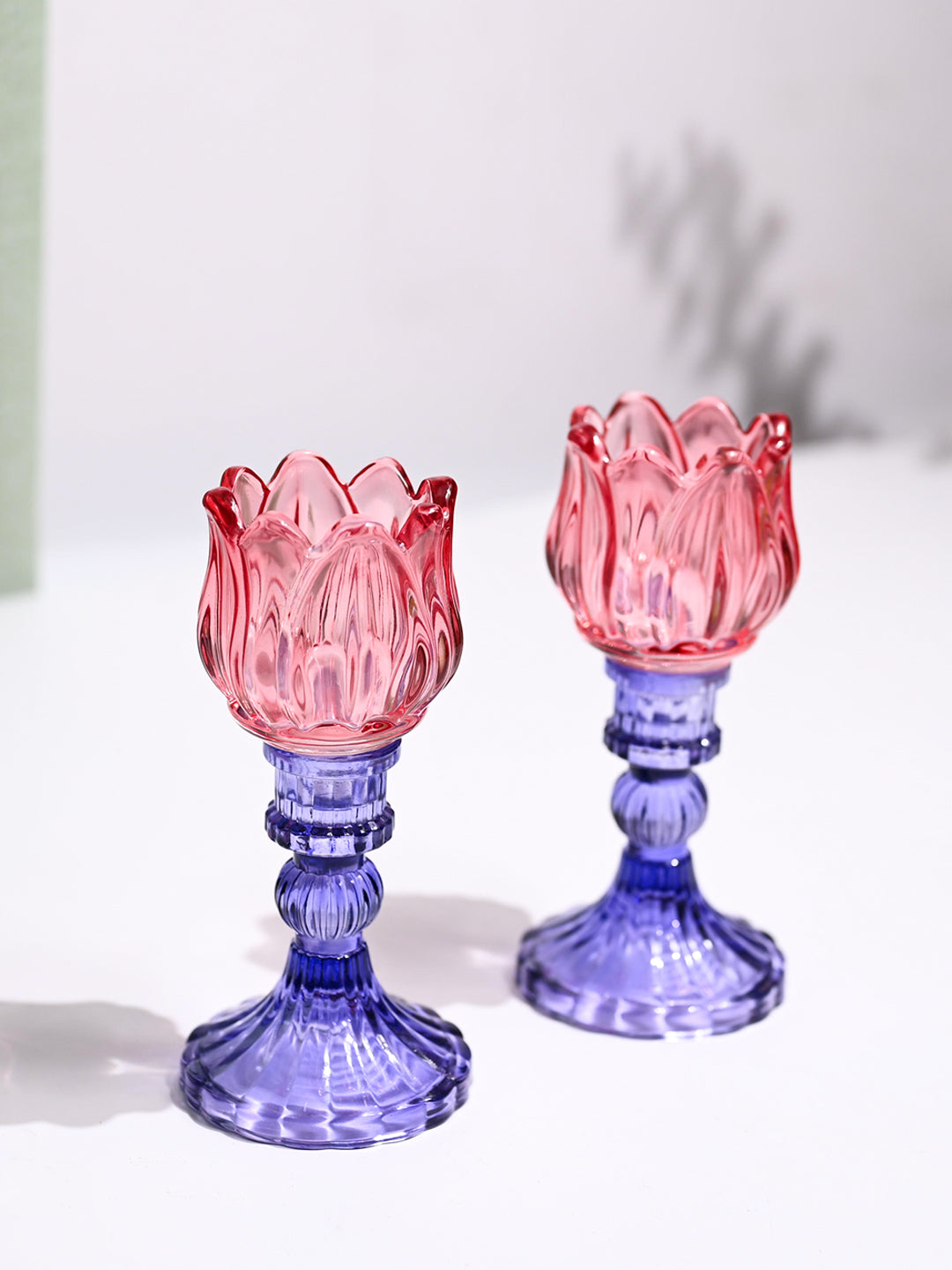 VON CASA Lotus Purple & Pink Glass T-Light Holder – Set of 2