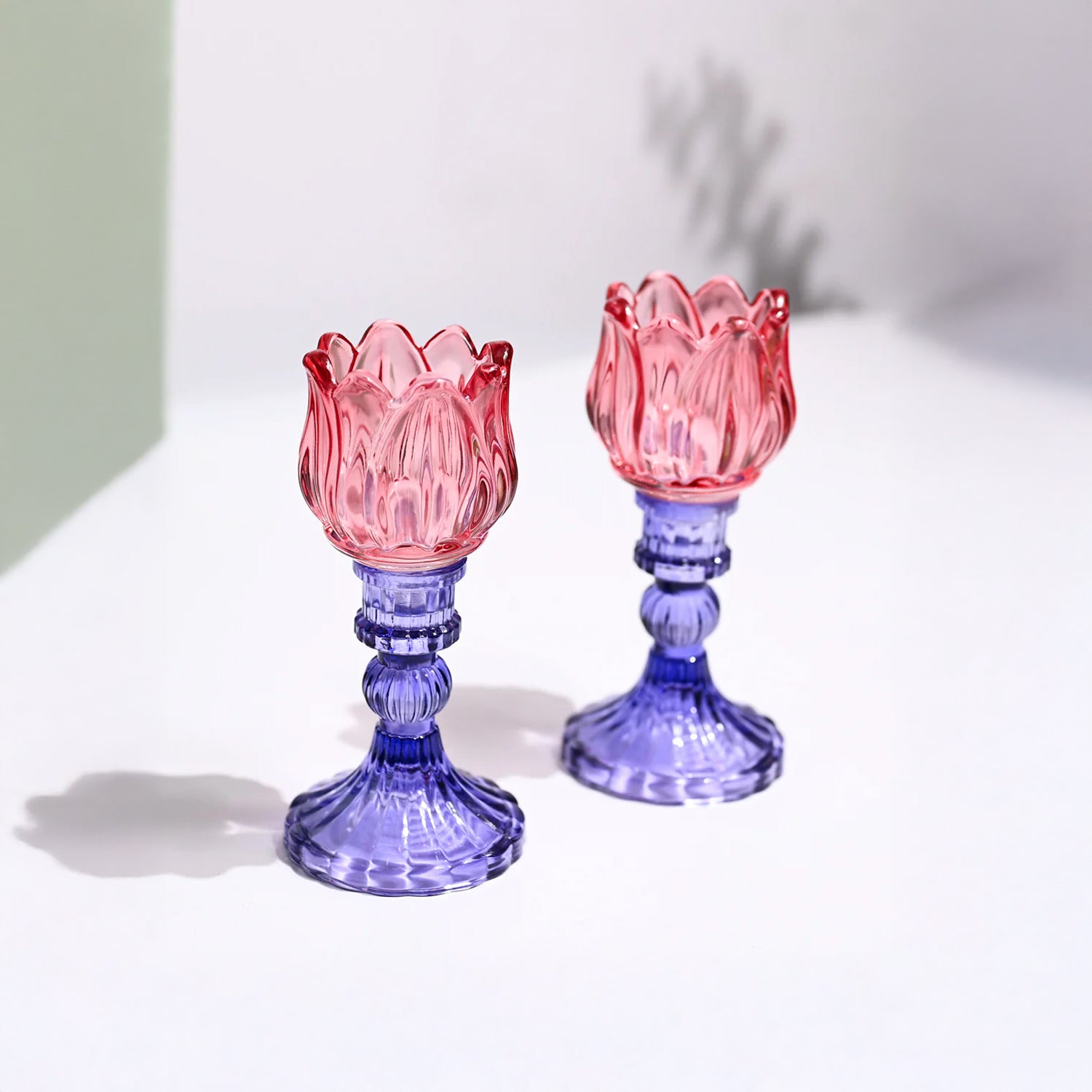 VON CASA Lotus Purple & Pink Glass T-Light Holder – Set of 2