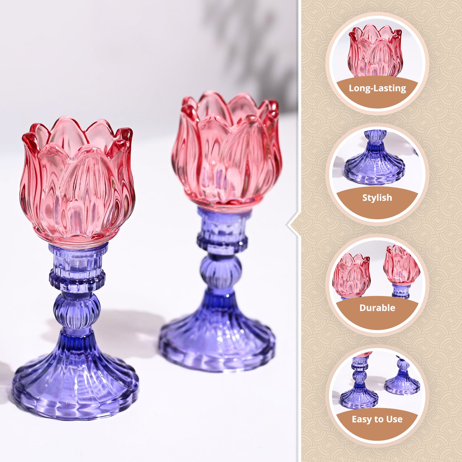 VON CASA Lotus Purple & Pink Glass T-Light Holder – Set of 2