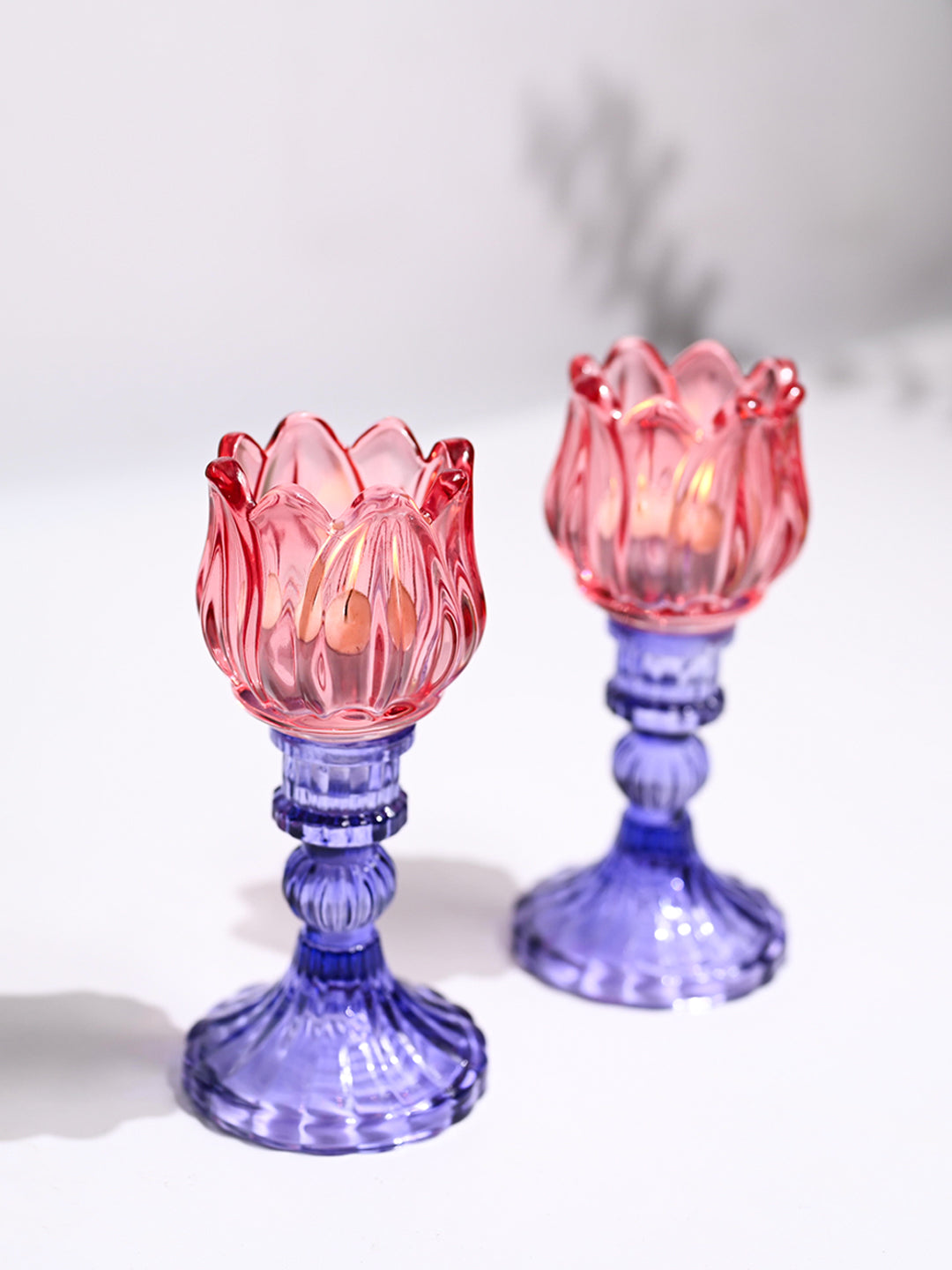 VON CASA Lotus Purple & Pink Glass T-Light Holder – Set of 2