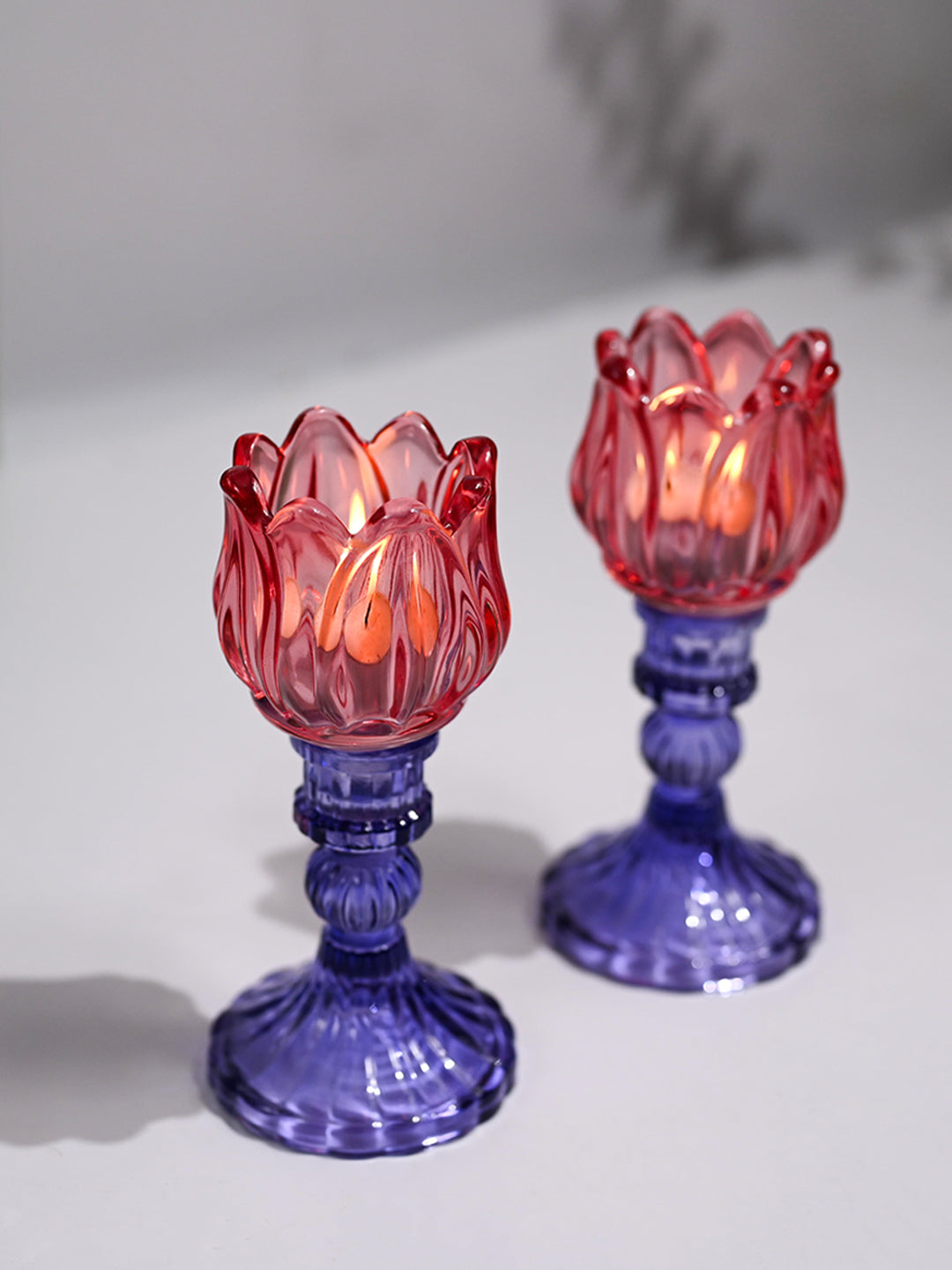 VON CASA Lotus Purple & Pink Glass T-Light Holder – Set of 2