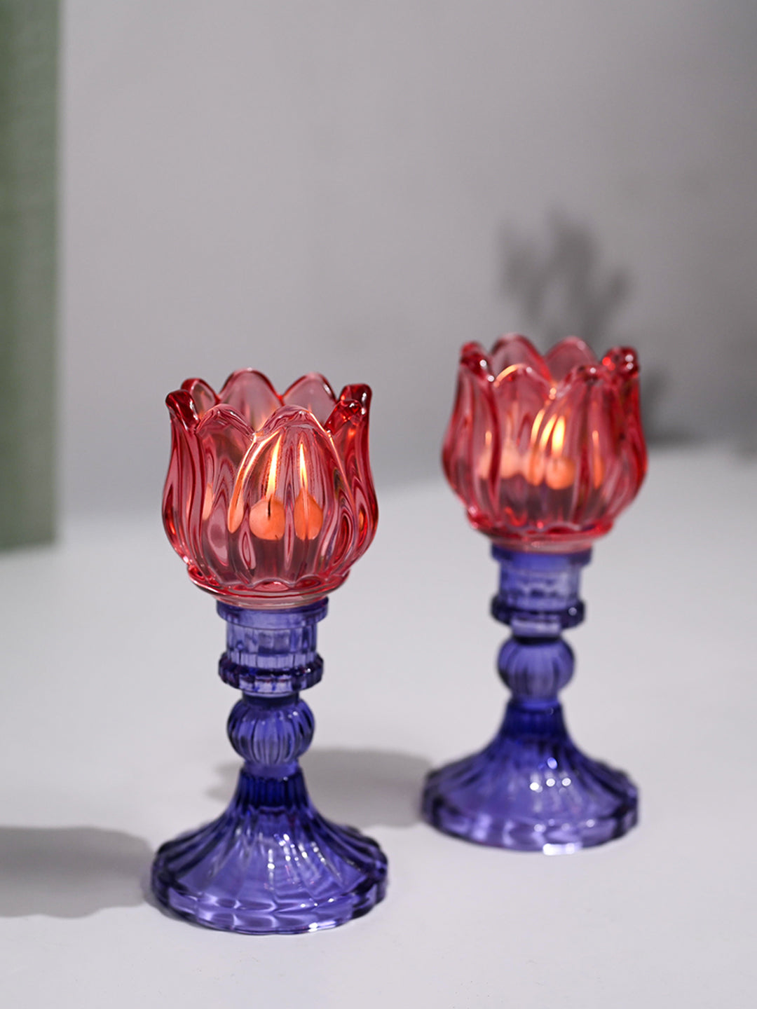 VON CASA Lotus Purple & Pink Glass T-Light Holder – Set of 2