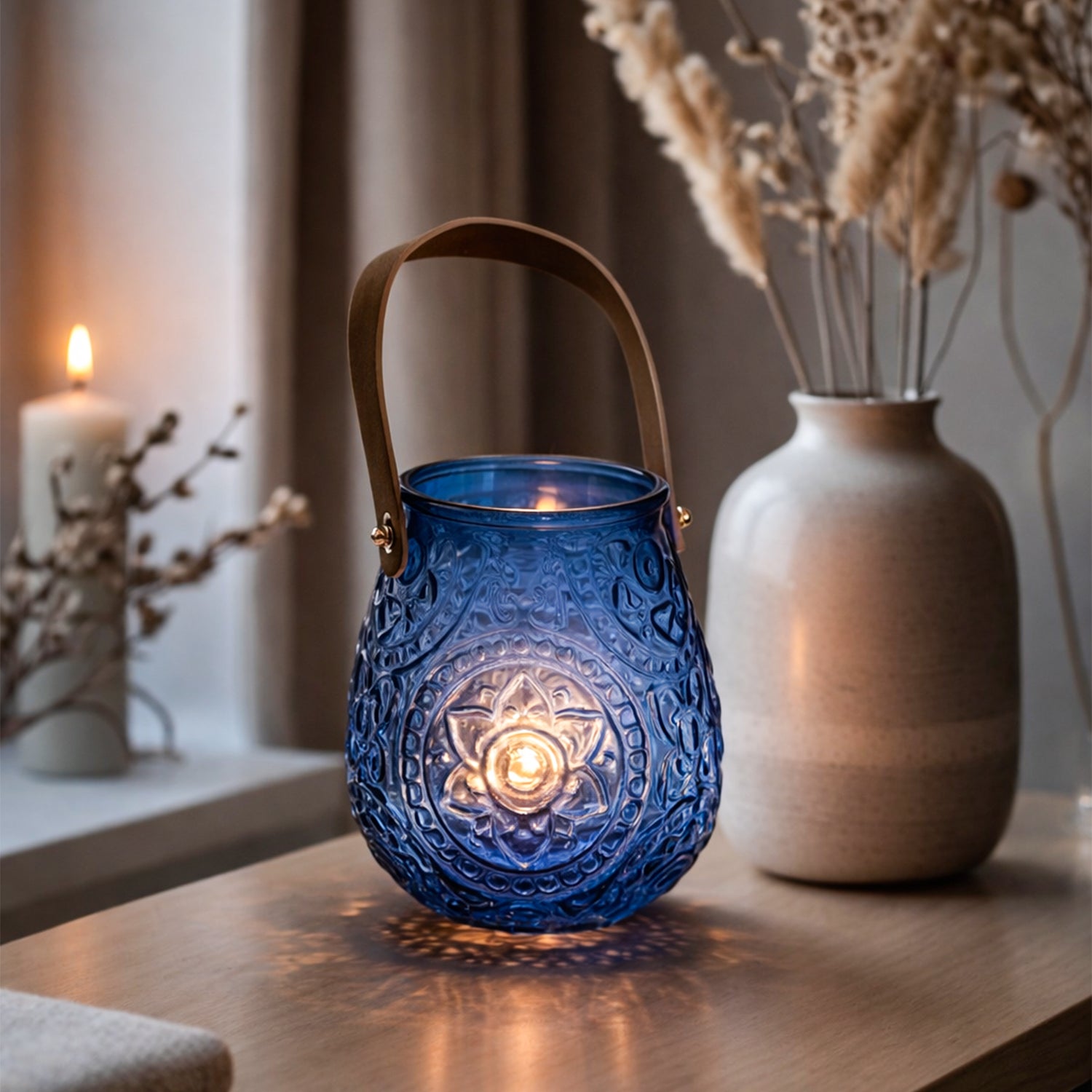 VON CASA Blue Cylindrical Glass T-Light Holder