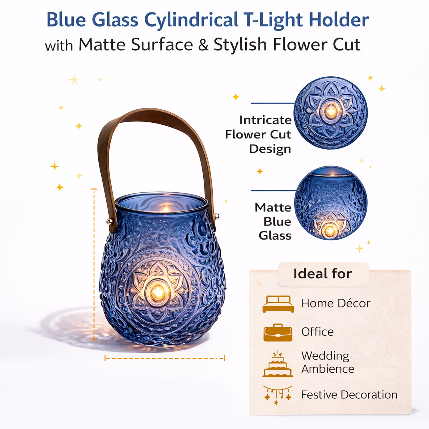 VON CASA Blue Cylindrical Glass T-Light Holder