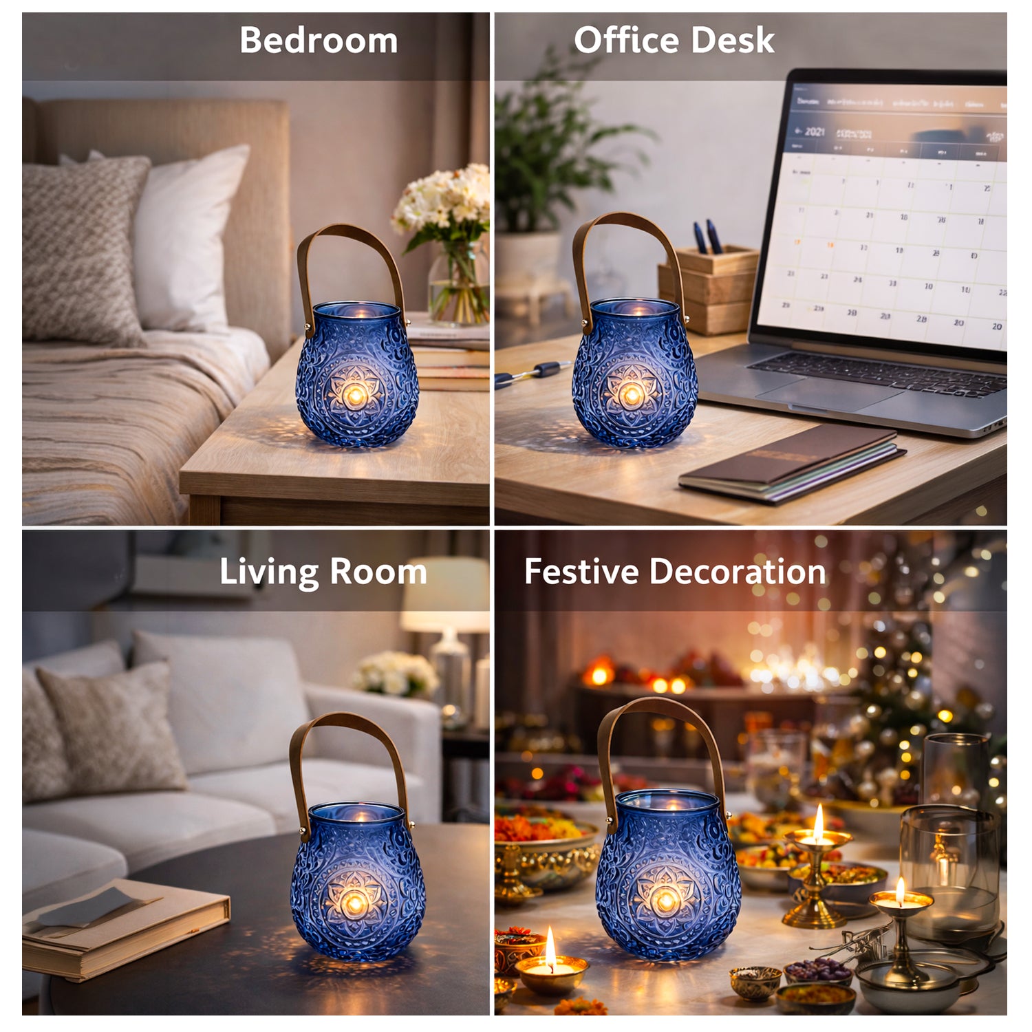VON CASA Blue Cylindrical Glass T-Light Holder