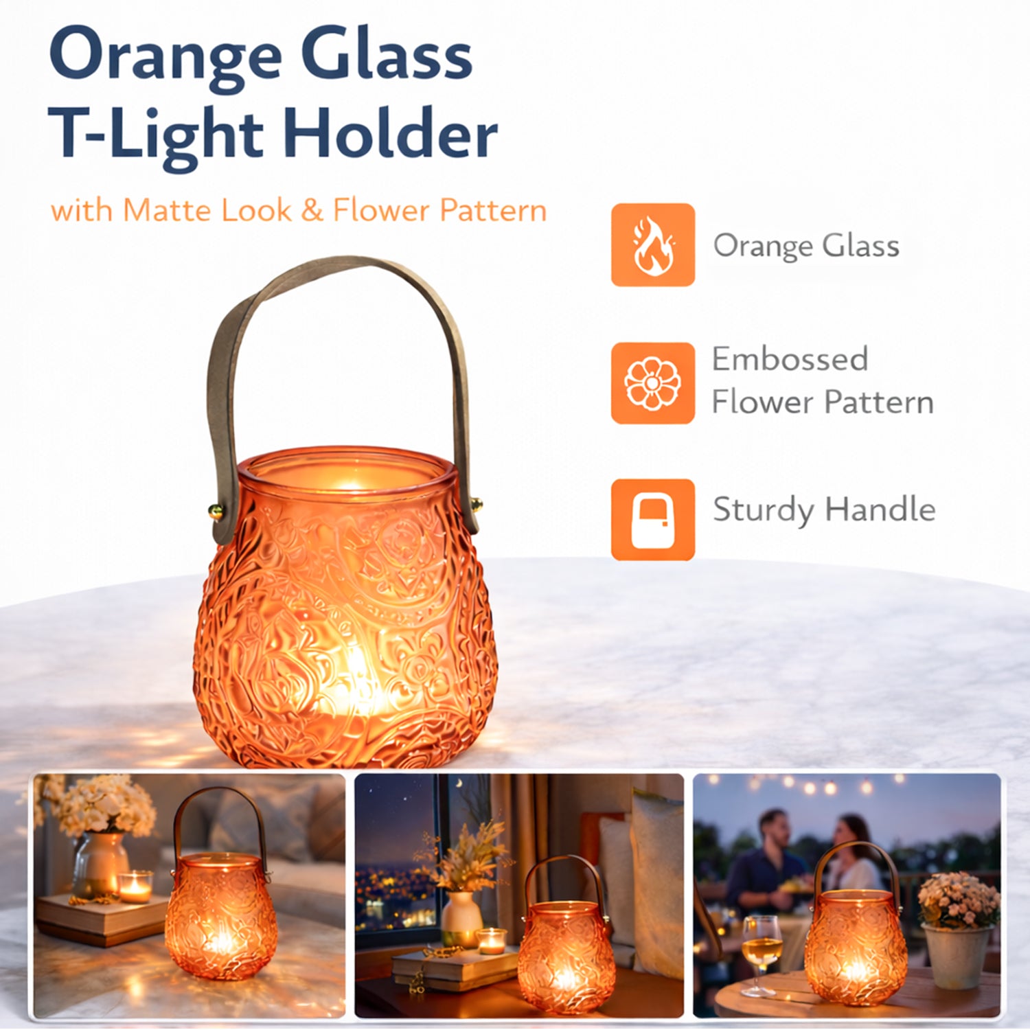 VON CASA Orange Cylindrical Glass T-Light Holder