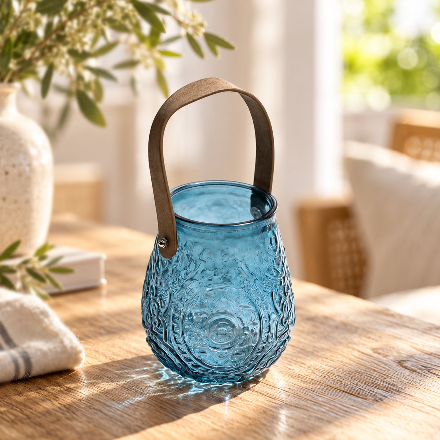 VON CASA Teal Blue Cylindrical Glass T-Light Holder