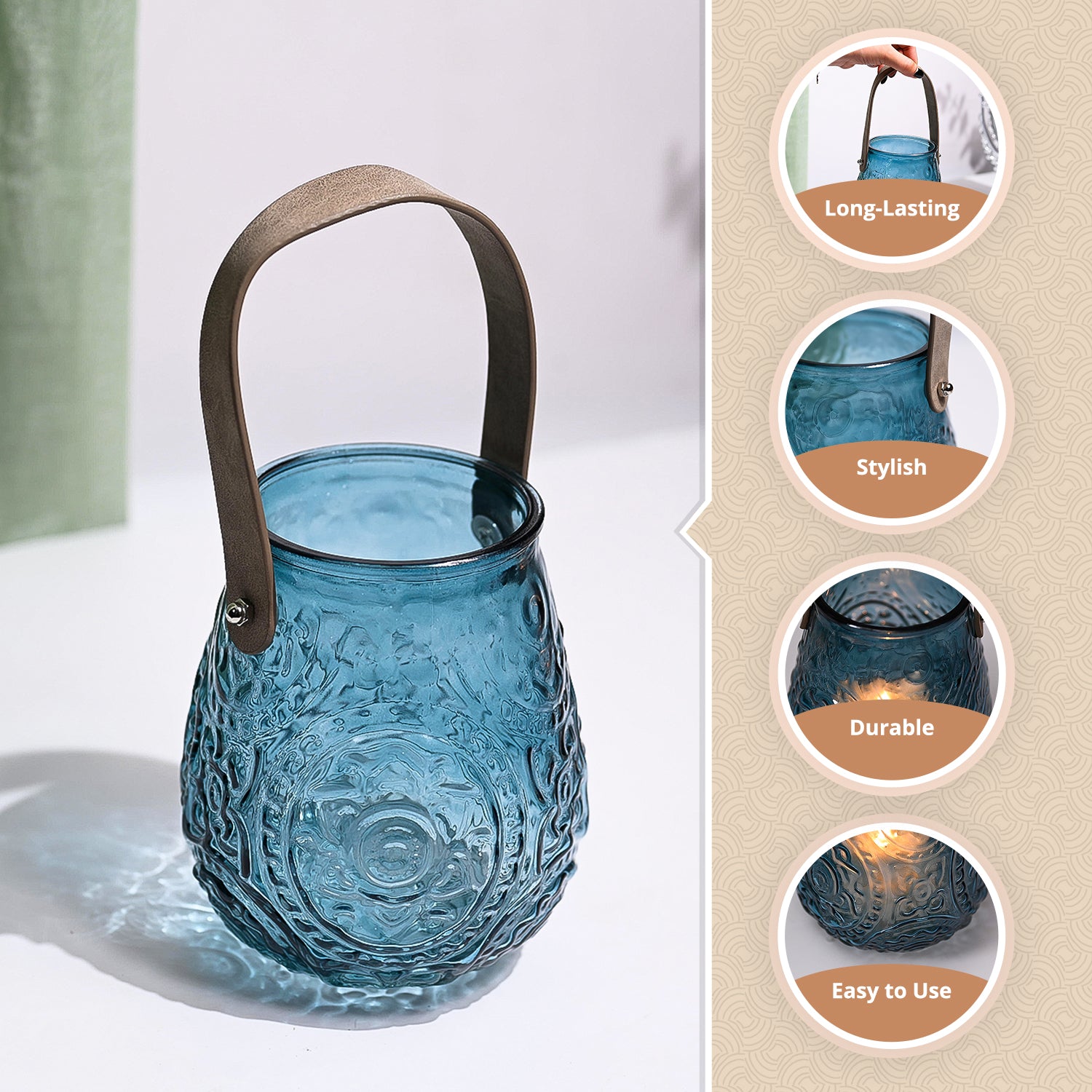 VON CASA Teal Blue Cylindrical Glass T-Light Holder
