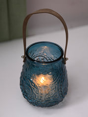 VON CASA Teal Blue Cylindrical Glass T-Light Holder