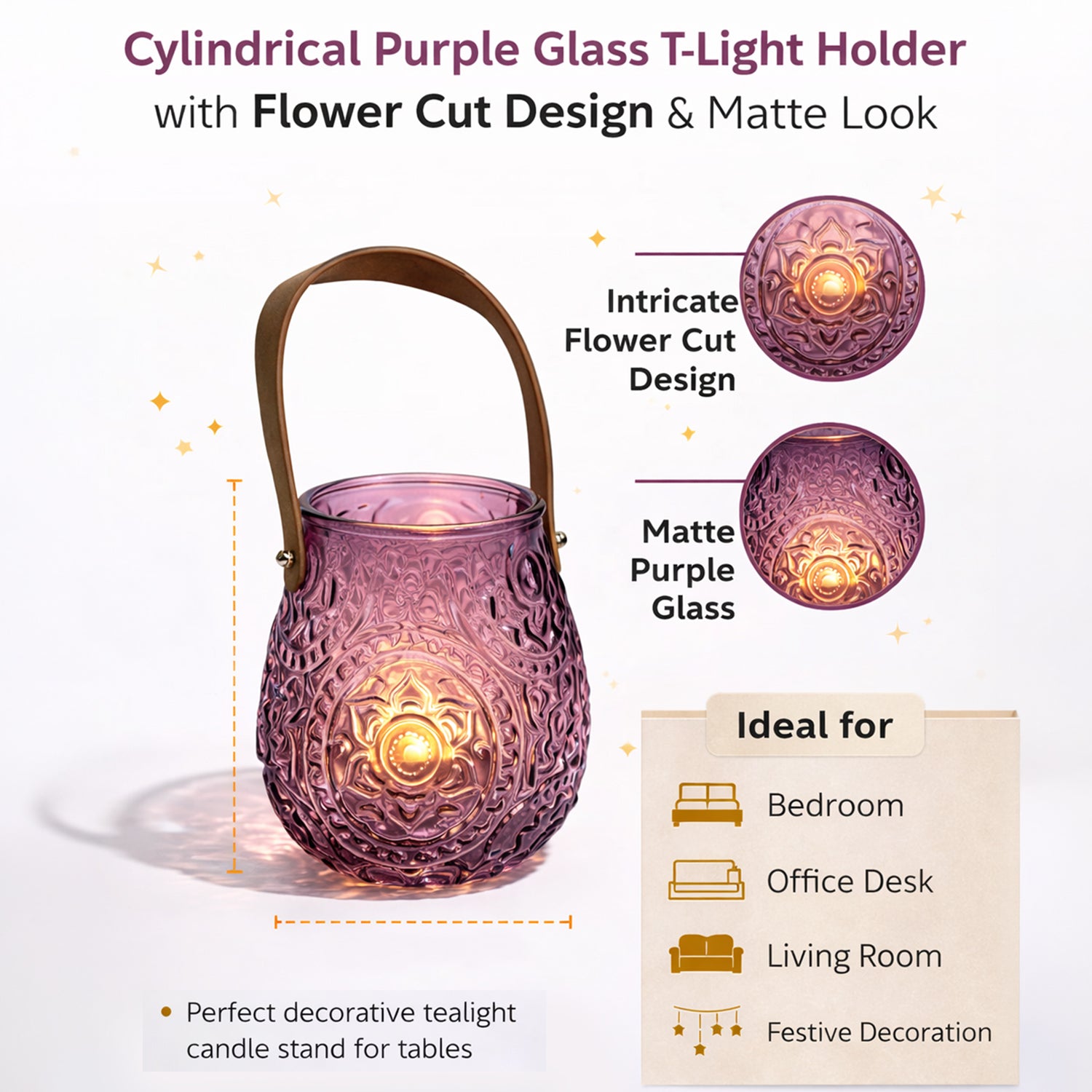 VON CASA Purple Cylindrical Glass T-Light Holder