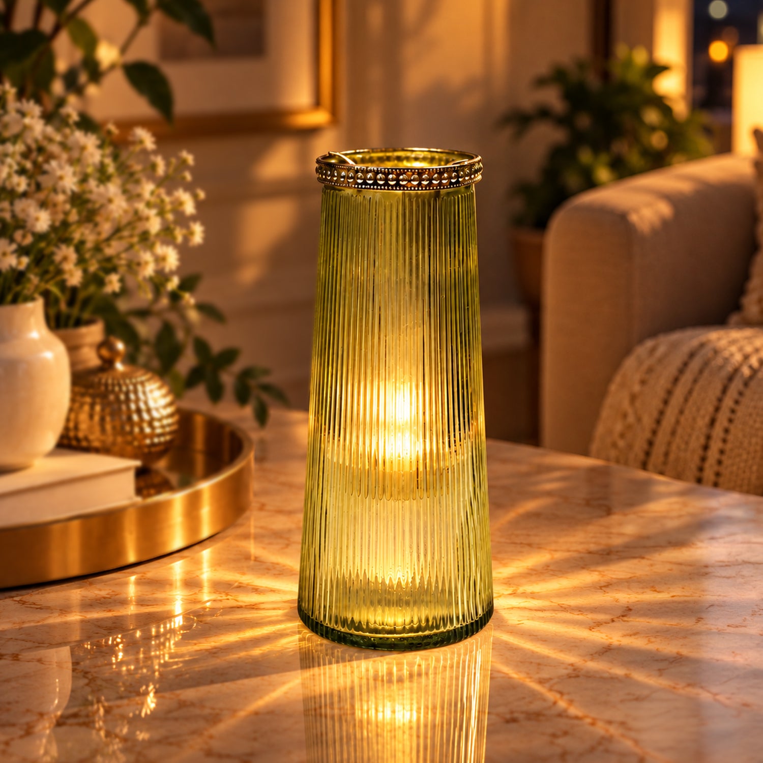 VON CASA Teal & Yellow Cone Glass T-Light Holder