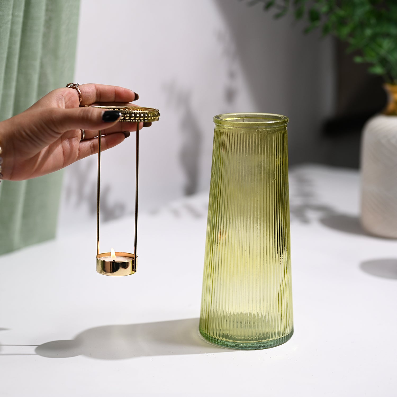 VON CASA Teal & Yellow Cone Glass T-Light Holder
