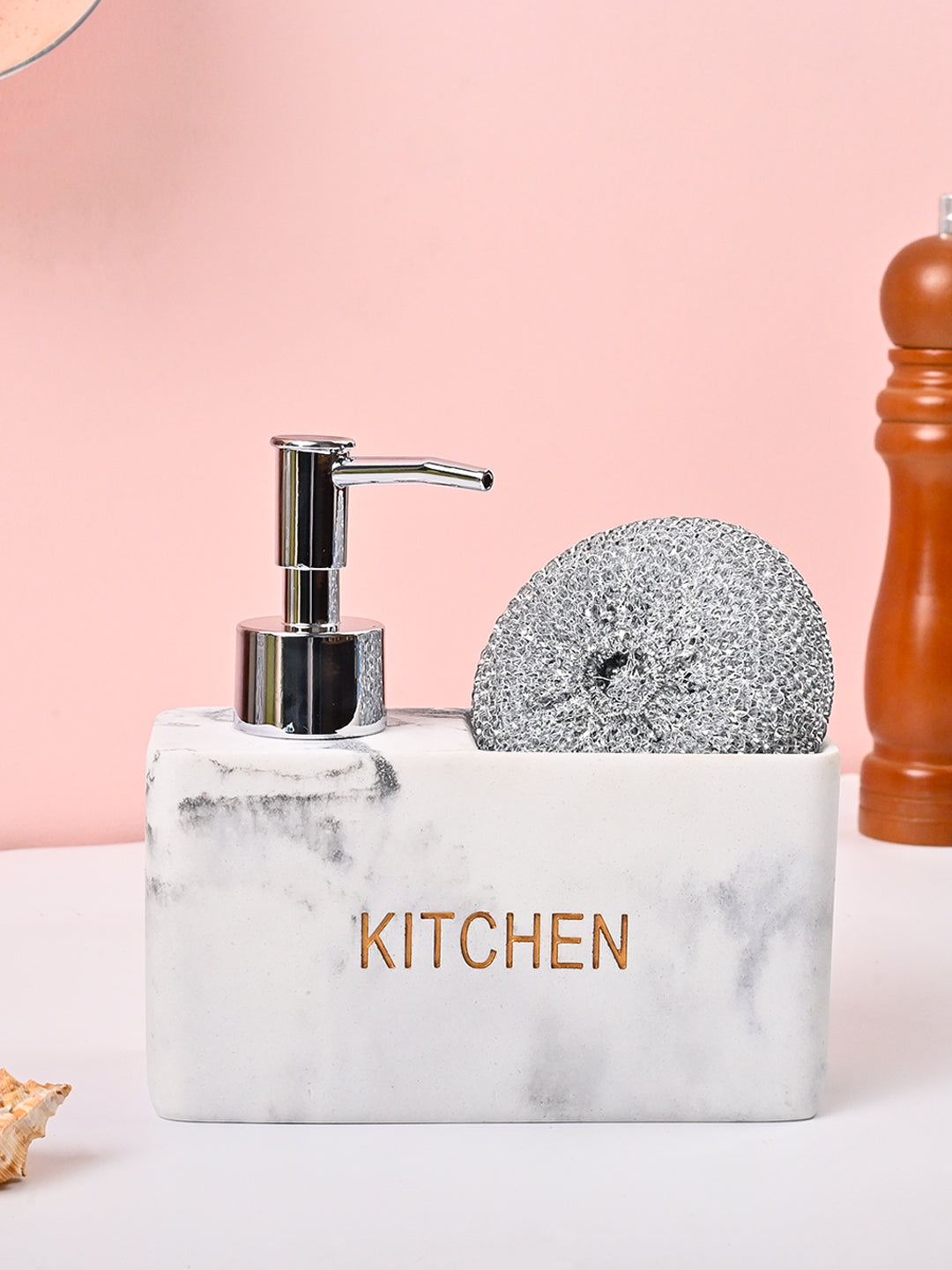 VON CASA White Polyresin Soap Dispenser with Scrubber