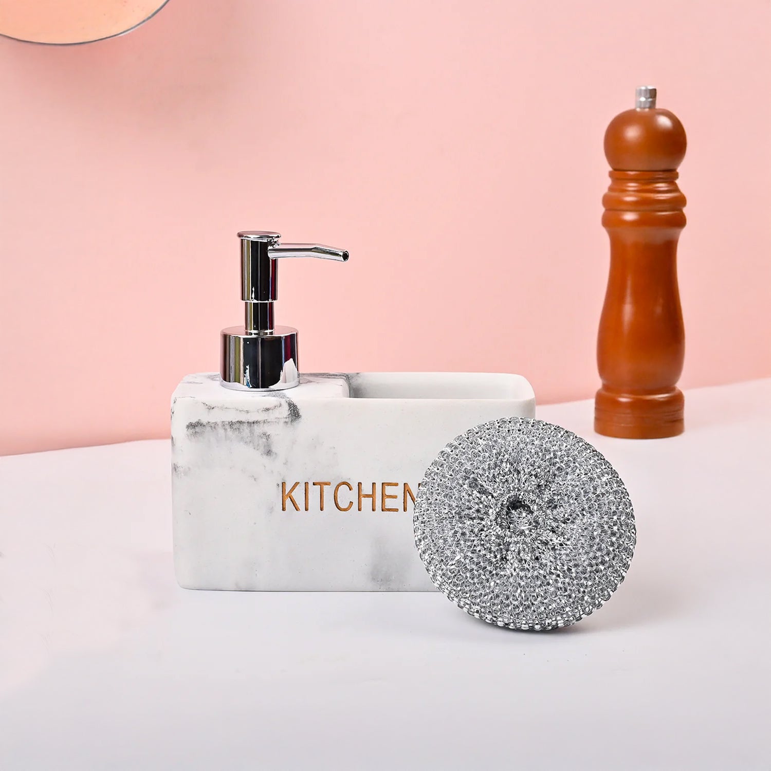 VON CASA White Polyresin Soap Dispenser with Scrubber