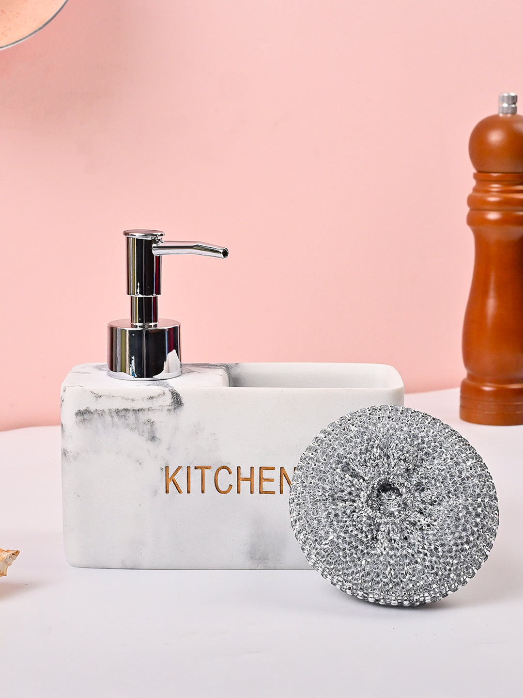 VON CASA White Polyresin Soap Dispenser with Scrubber