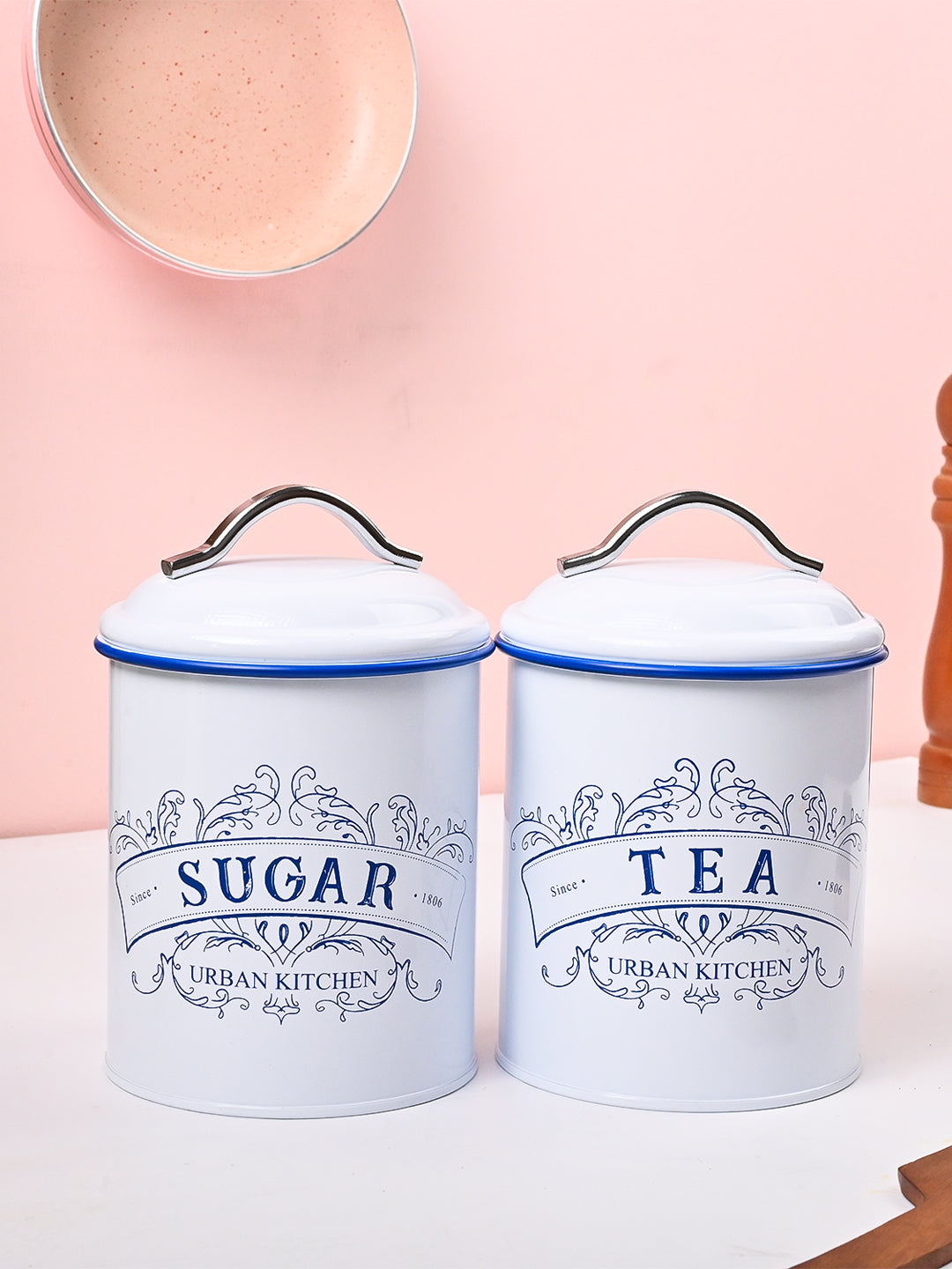 VON CASA White Iron Tea & Sugar Jar Set of 2