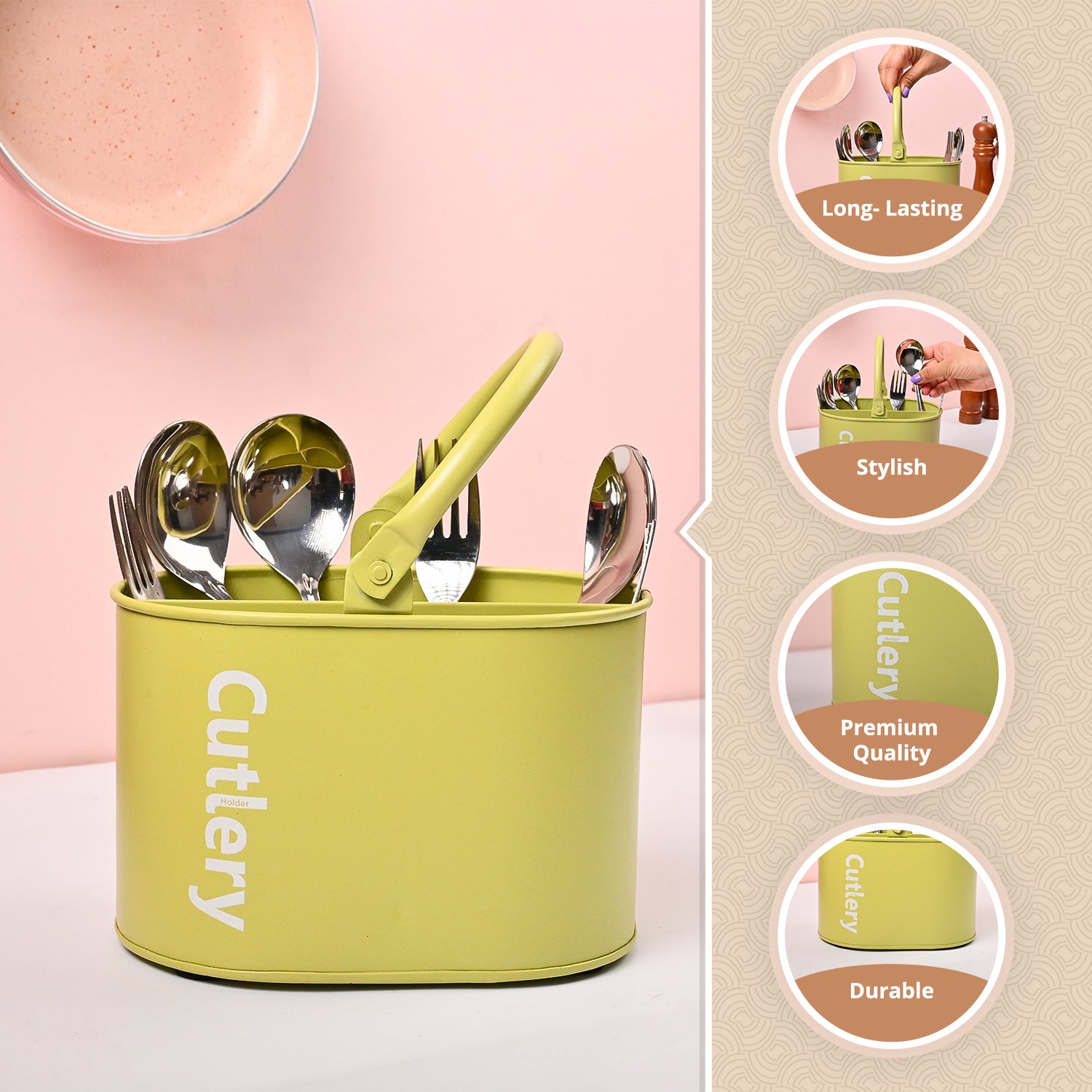 VON CASA Mint Green Galvanized Iron Cutlery Holder – Oval Shape
