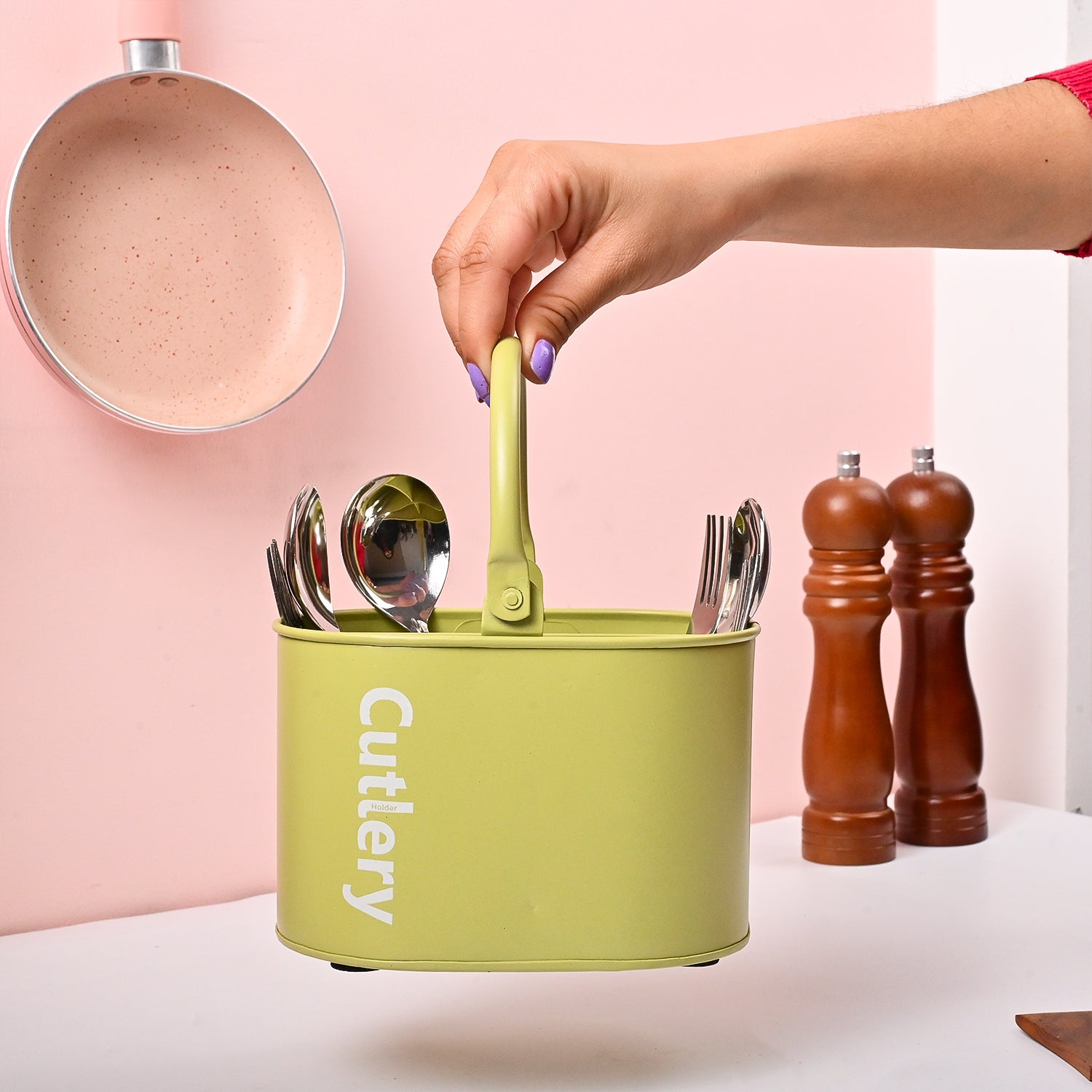 VON CASA Mint Green Galvanized Iron Cutlery Holder – Oval Shape