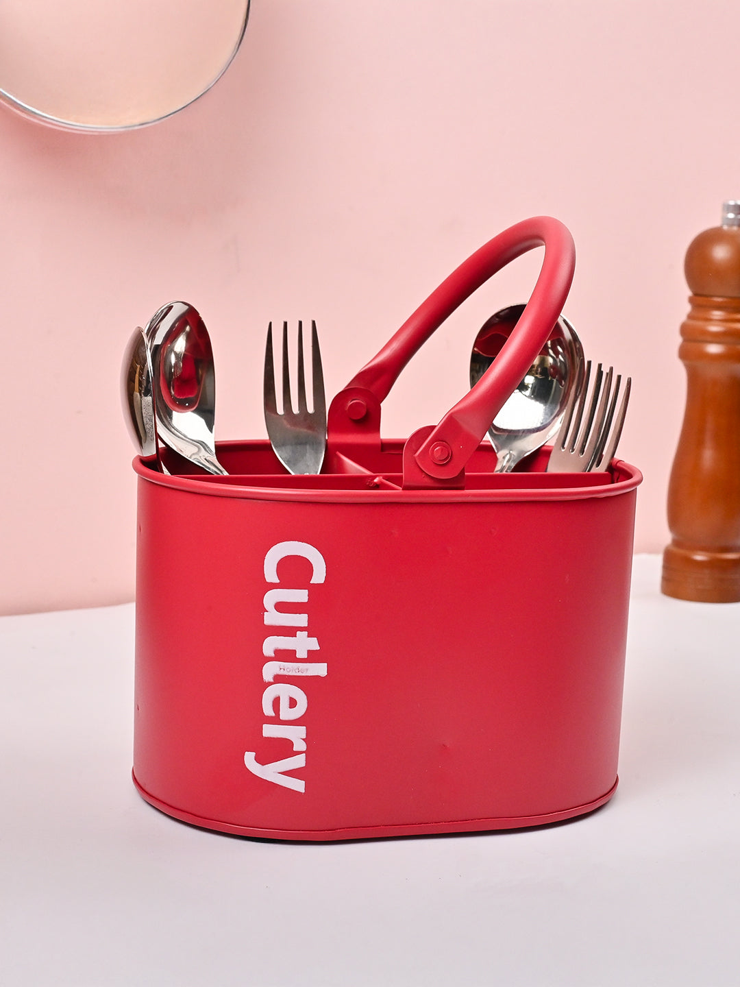 VON CASA Red Galvanized Iron Cutlery Holder – Matte Finish