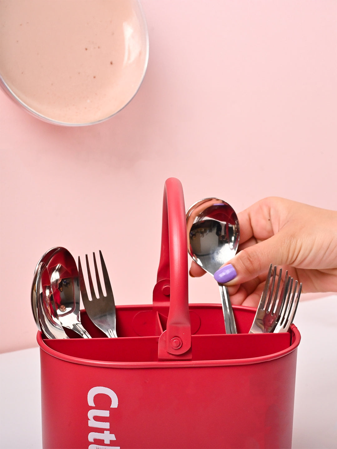 VON CASA Red Galvanized Iron Cutlery Holder – Matte Finish