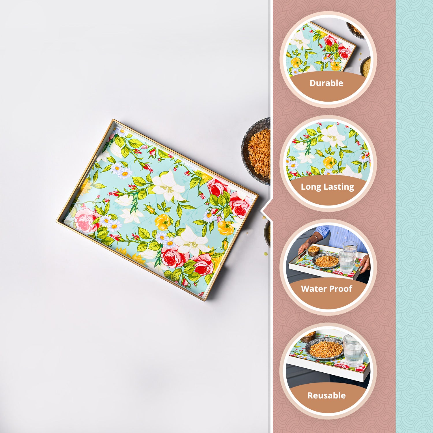 VON CASA Multicolour Floral Large Serving Tray