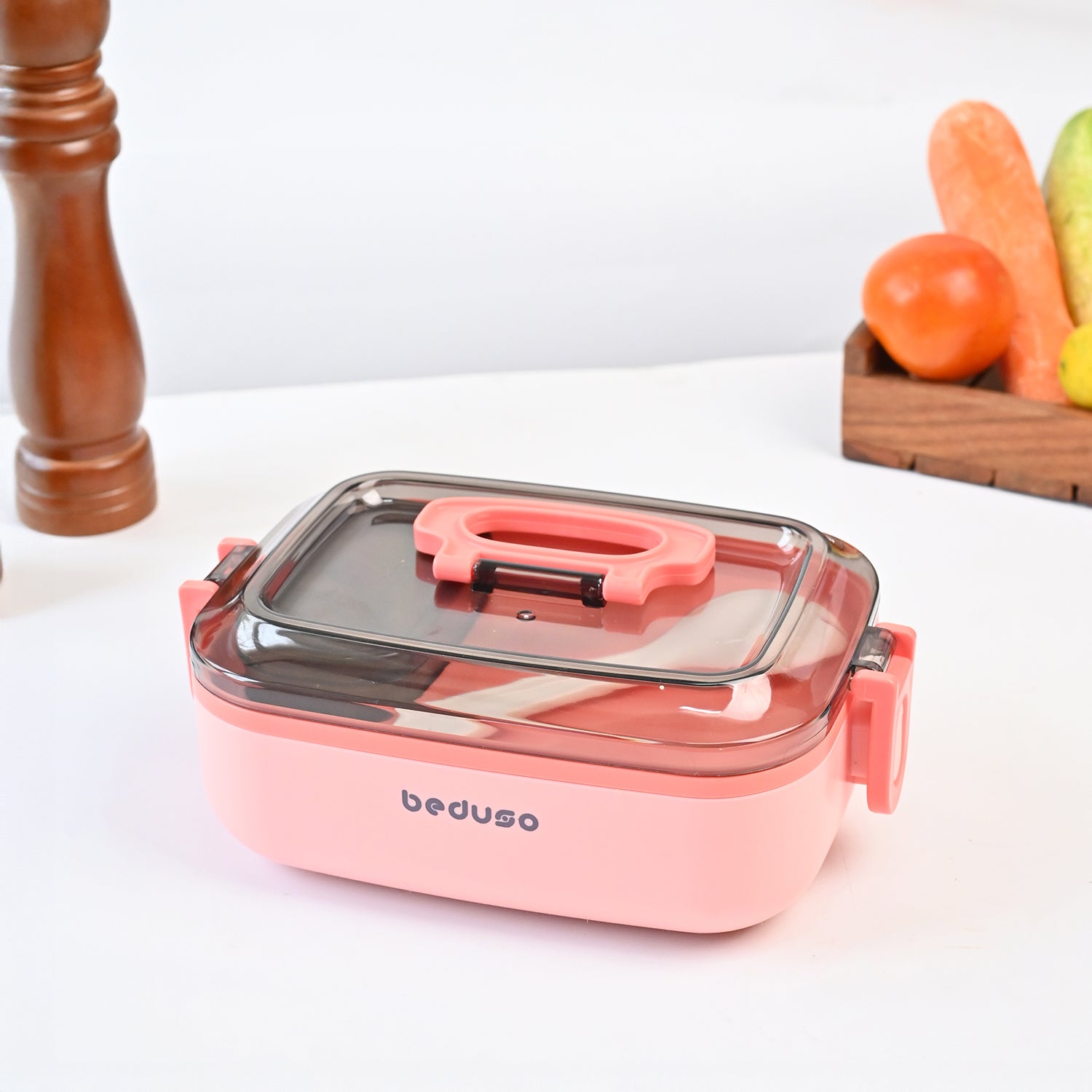 VON CASA Pink Plastic Lunch Box with Spoon