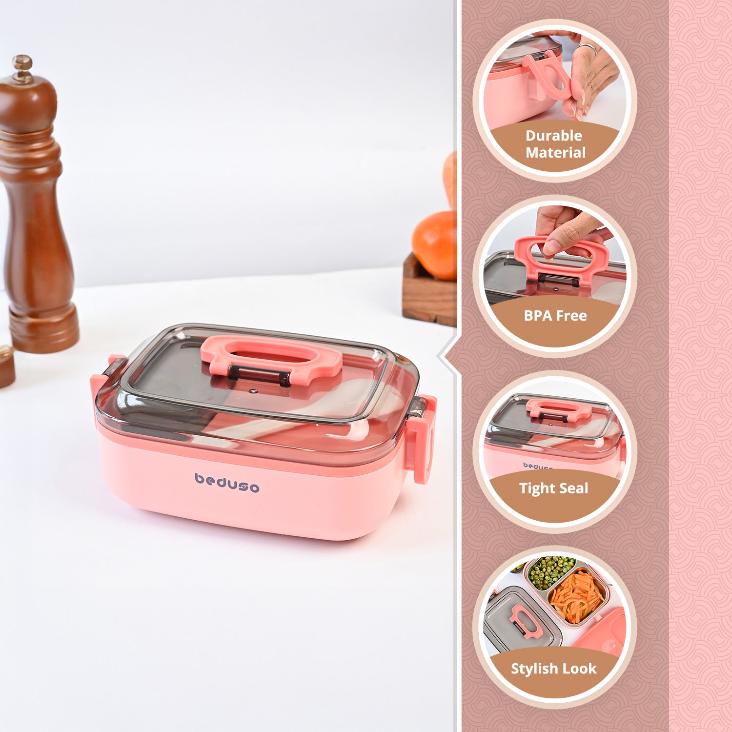 VON CASA Pink Plastic Lunch Box with Spoon