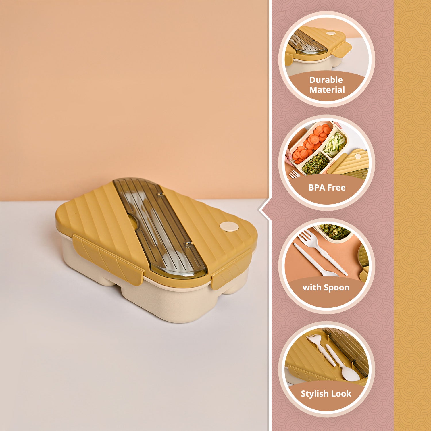 VON CASA Yellow Plastic Lunch Box with Spoon Fork