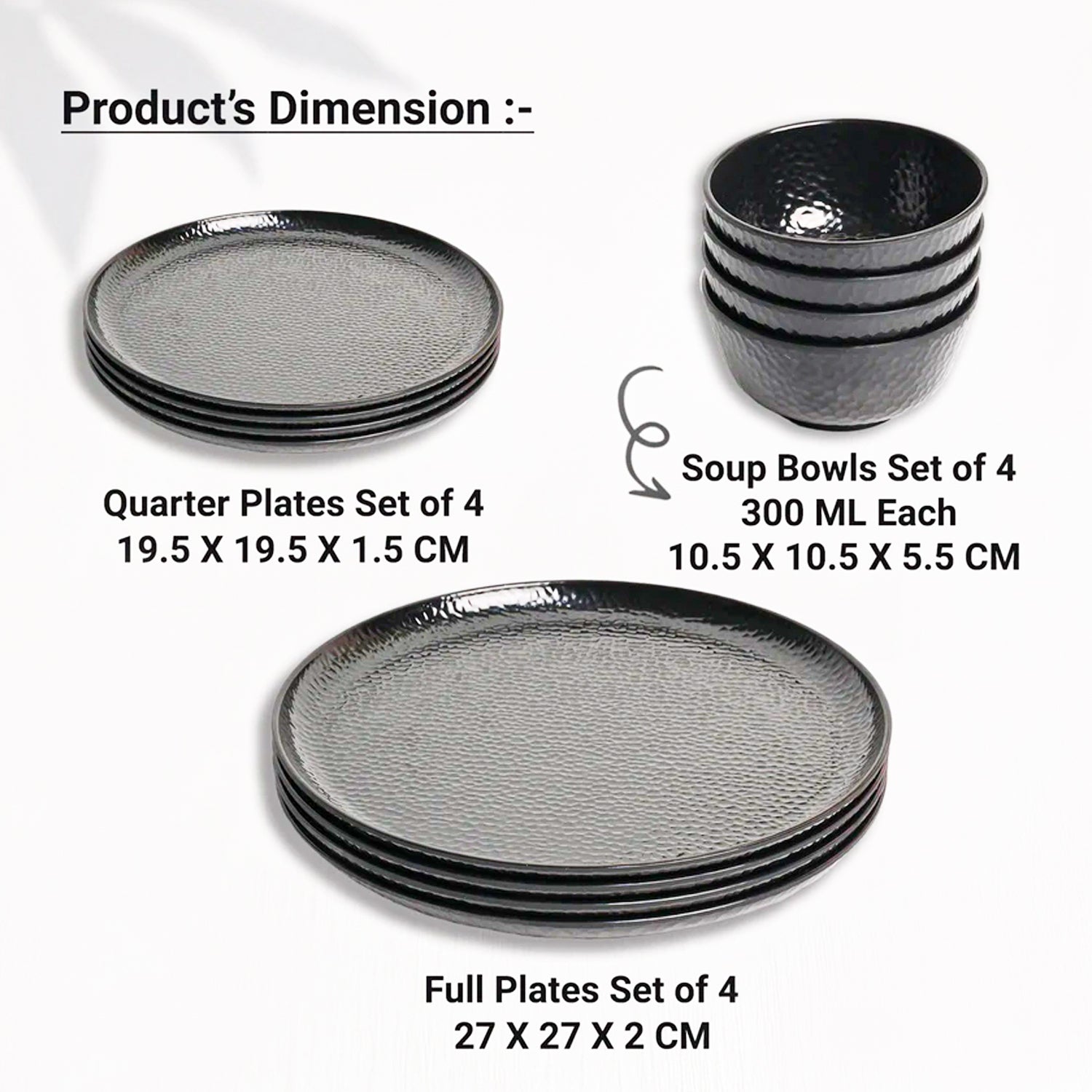 Black Hammered Melamine Dinner Set – 12 Pcs