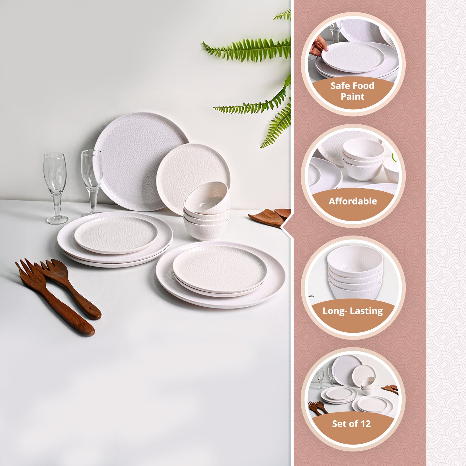 MARKET99 White Hammered Melamine Dinner Set – 12 Pcs